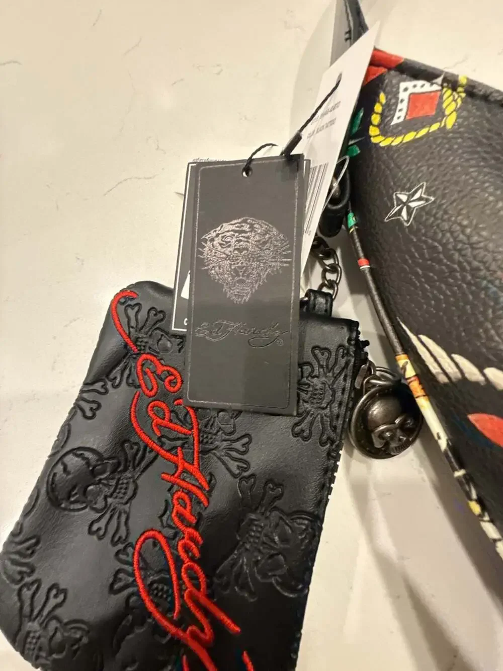 Ed Hardy Dalinda Black Studded Graphic Hobo Shoulder Bag with Pouch